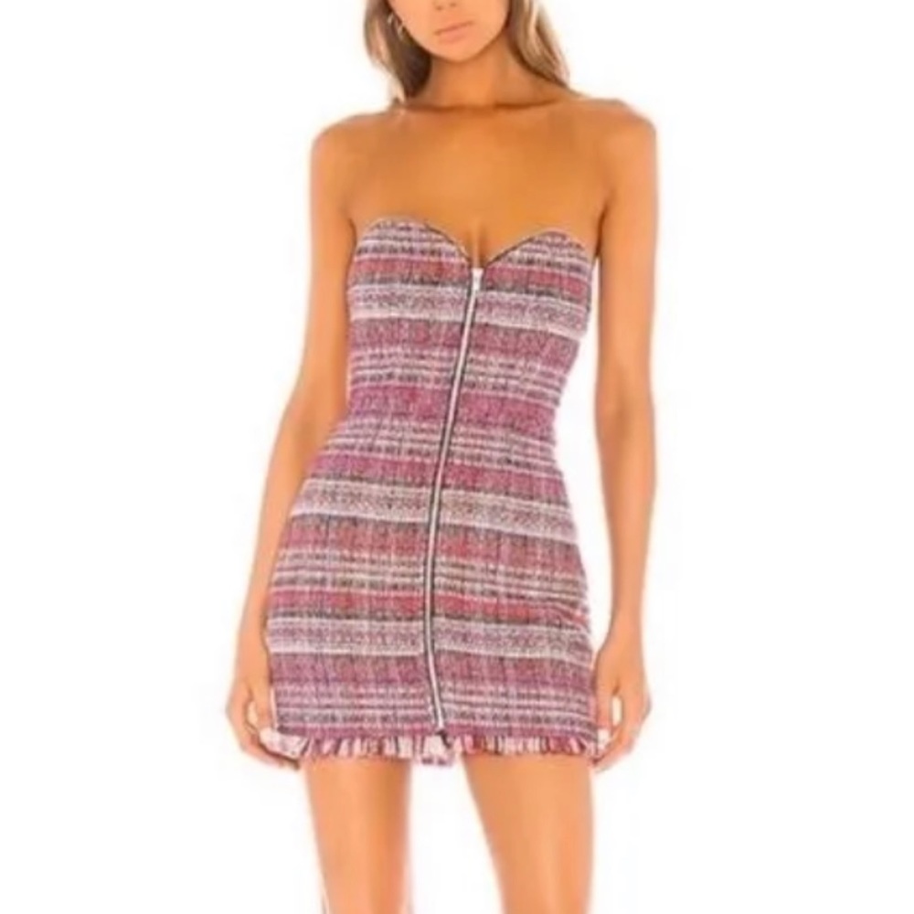 NBD Casseopeia pink fringed front zip dress